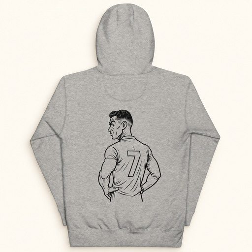 Back of a grey hoodie with a black athlete illustration and number 7