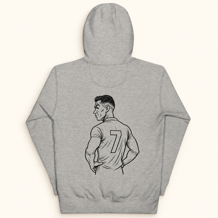 Back of a grey hoodie with a black athlete illustration and number 7