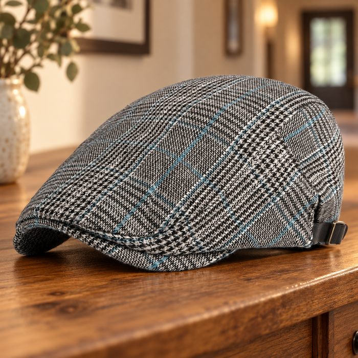 Grey checked flat cap with fine blue stripes on a wooden console.