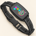 Black electronic dog collar with a colour display and woven strap on an ivory surface