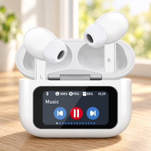 White earbuds in an open touchscreen charging case on a wooden desk near a window.